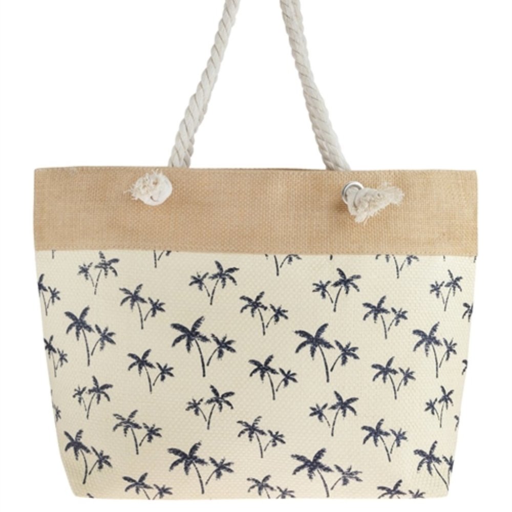 Palm Tree Paradise Straw Beach Tote (Linen)